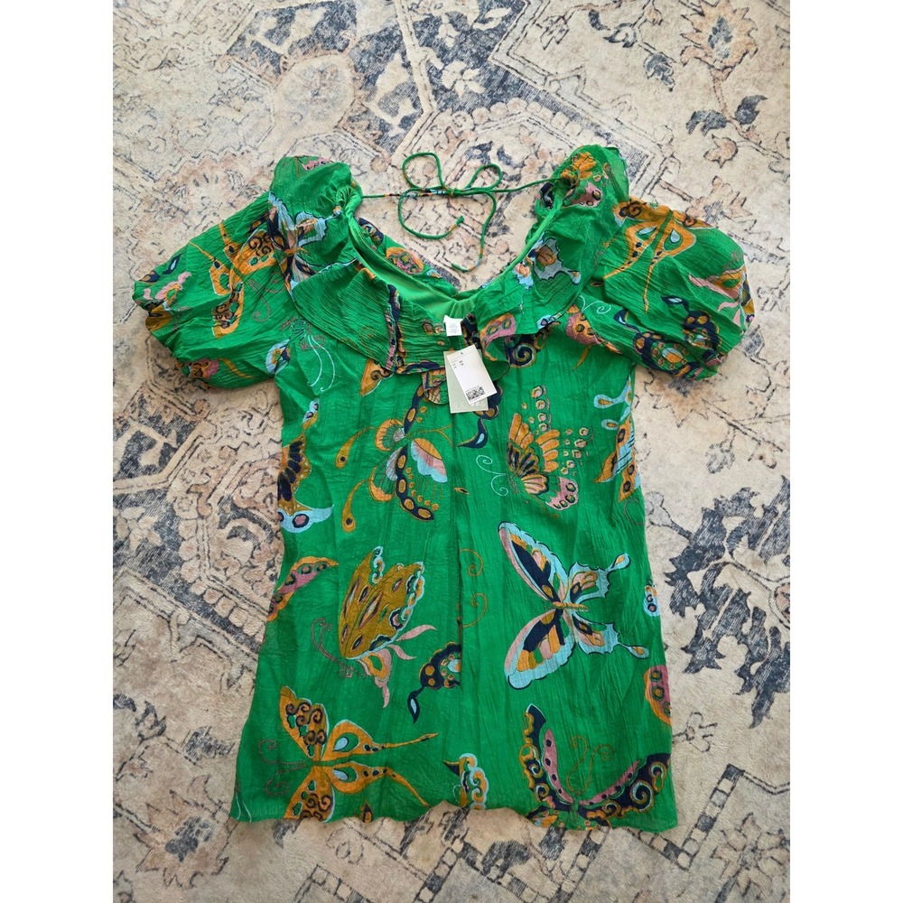 NWT H&M Women's Size XS Vibrant Green VNeck Puff Sleeve Tie-Back Butterfly Dress